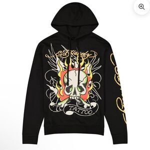 NWT New Ed Hardy Fire Skull Black Tatoo Pullover Hoodie. Medium. Unisex